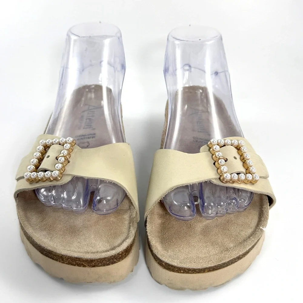 Autenti Batistella Womens Cream Leather Pearl Buckle Platform Slide Sandals 38 - Picture 9 of 10